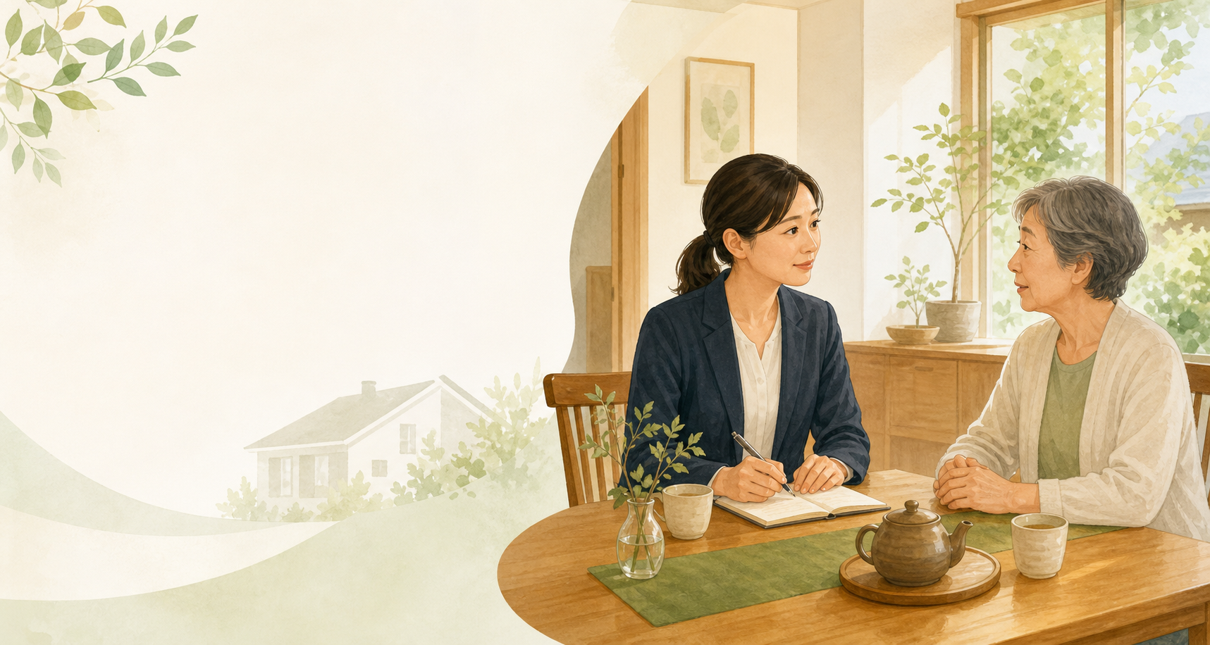 自宅で高齢者の相談に耳を傾ける介護支援専門員のイラスト